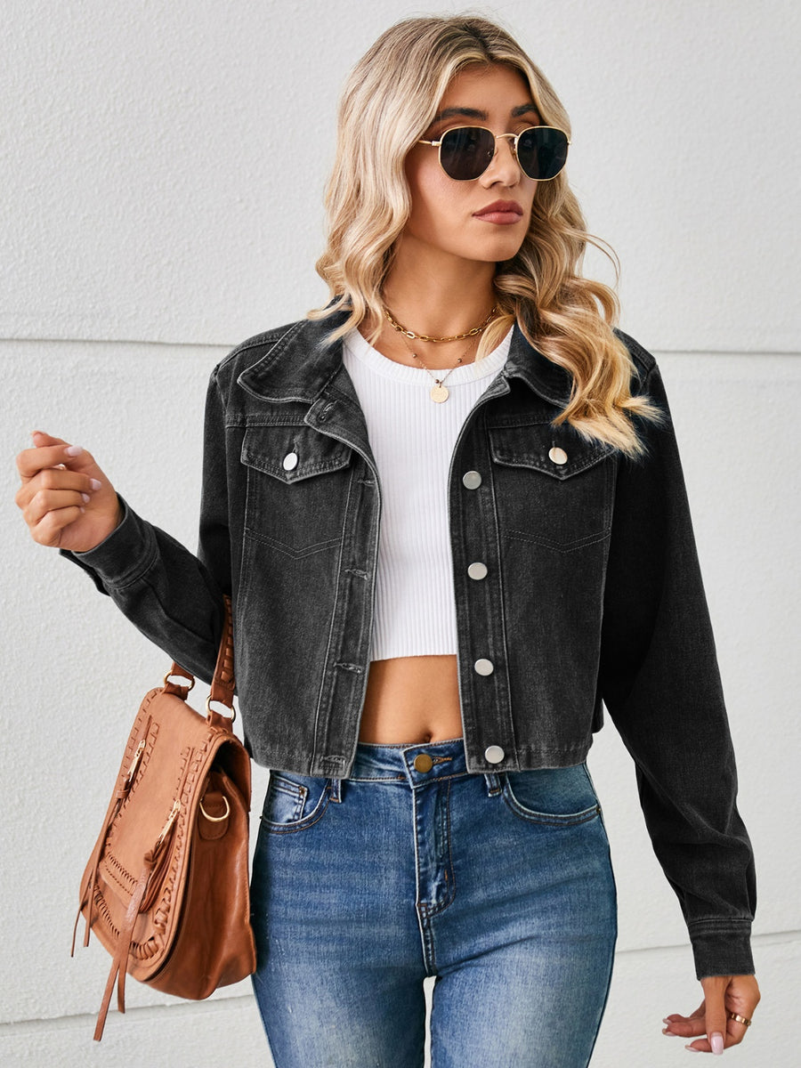 Button Up Long Sleeve Denim Jacket Black