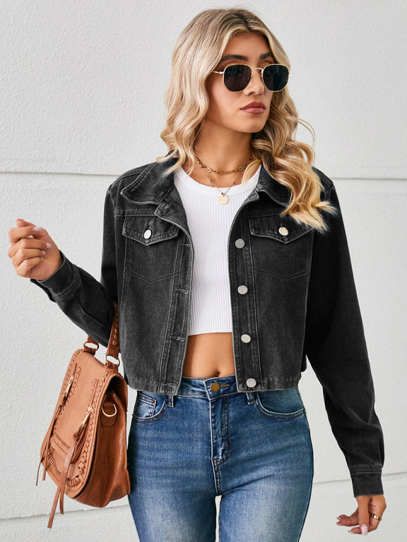 Button Up Long Sleeve Denim Jacket Black