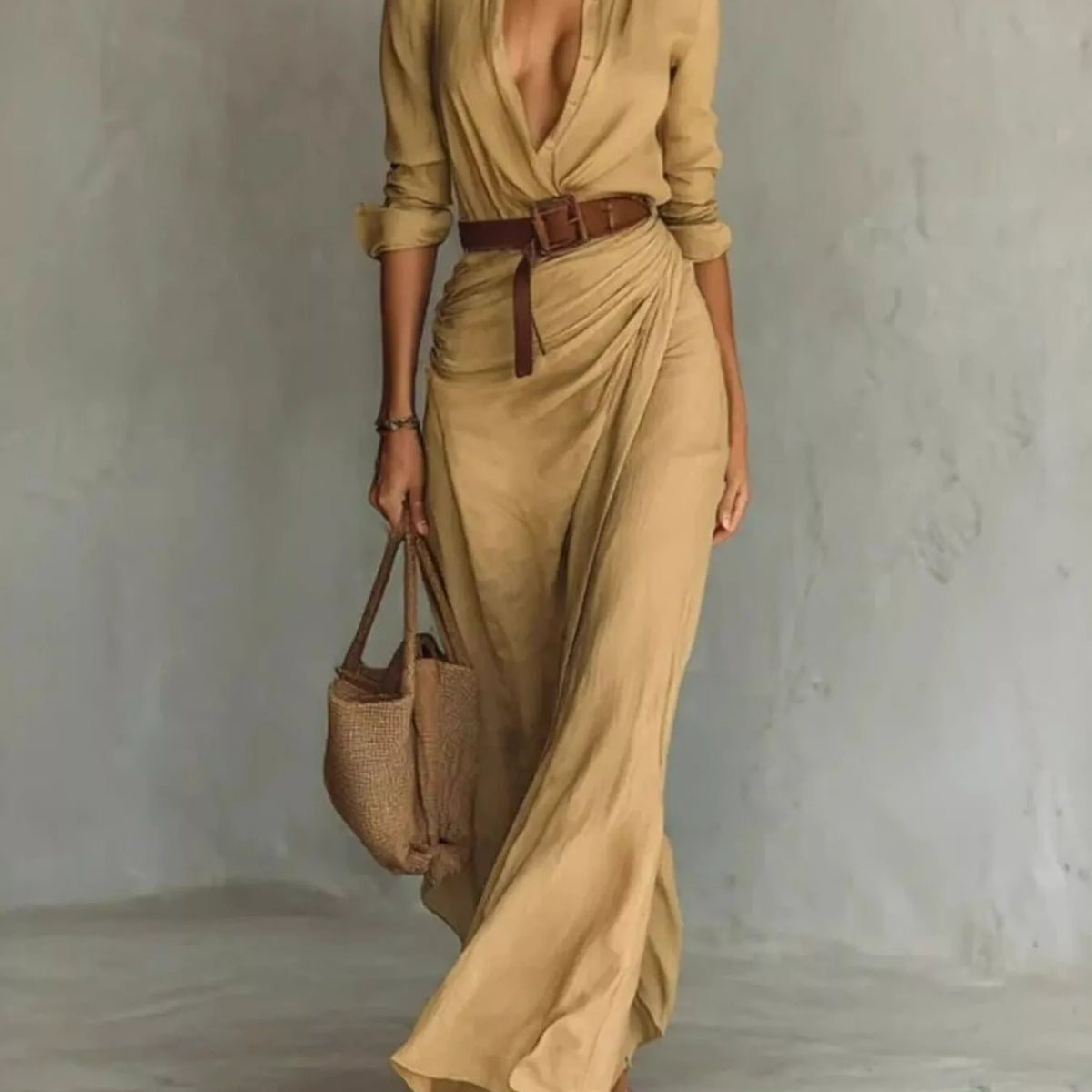 Full Size Ruched Long Sleeve Maxi Dress Plus Size Khaki