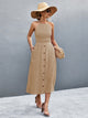 Buttoned Halter Neck Frill Trim Midi Dress Khaki