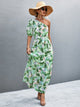 Printed Tie Waist One Shoulder Maxi Dress Light Green