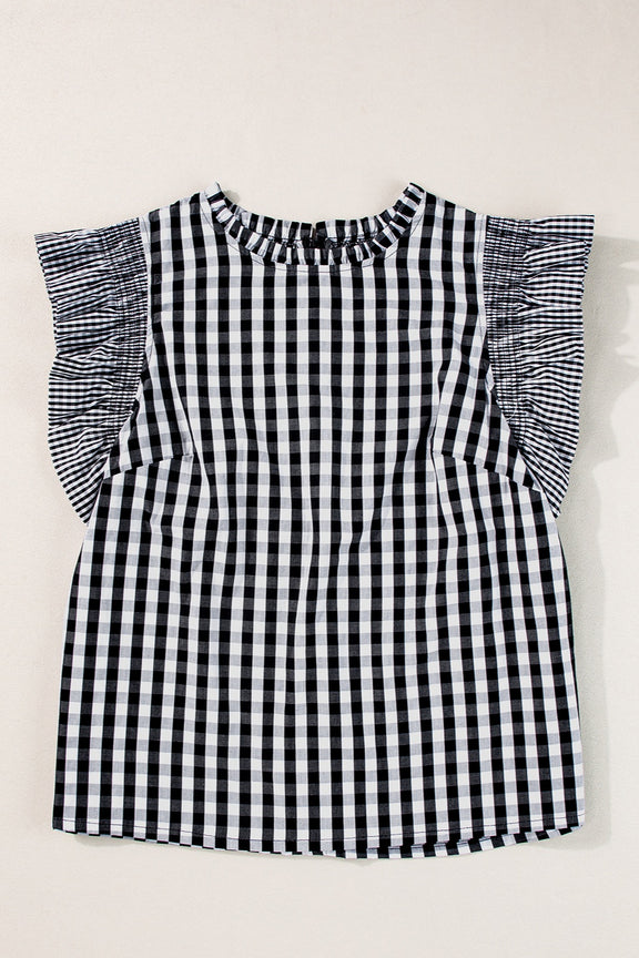 Ruffled Plaid Mock Neck Cap Sleeve Blouse Black