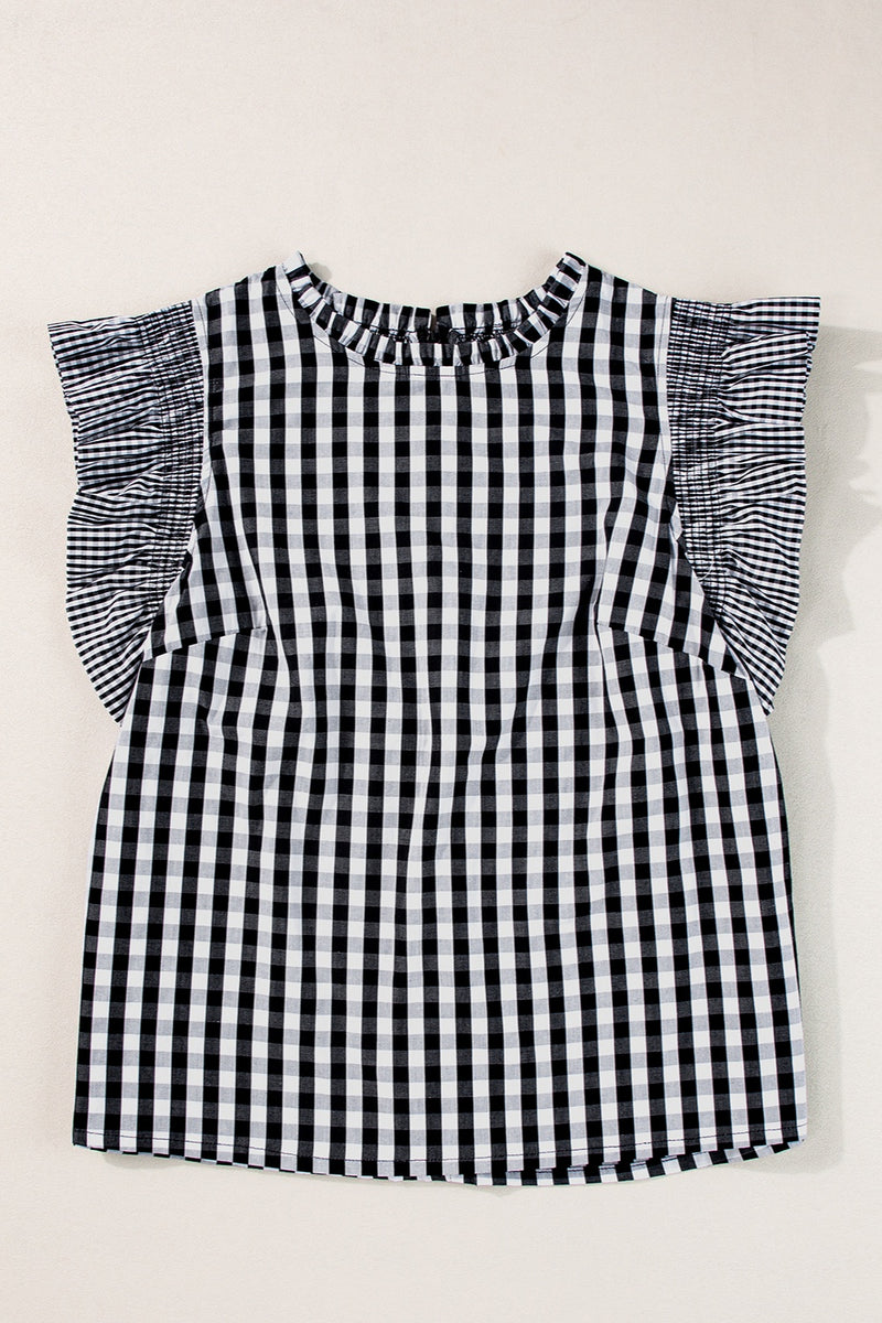 Ruffled Plaid Mock Neck Cap Sleeve Blouse Black
