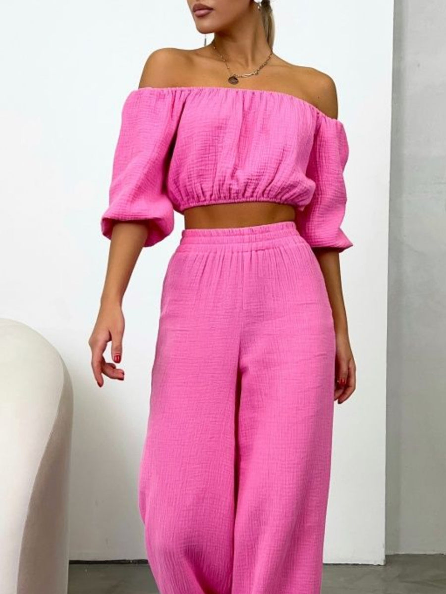 Off Shoulder Long Sleeve Top and Pants Set Hot Pink