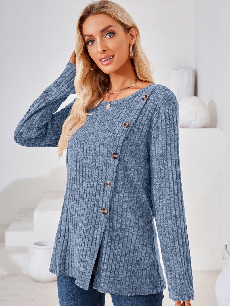 Ribbed Buttoned Round Neck Slit T-Shirt Dusty Blue
