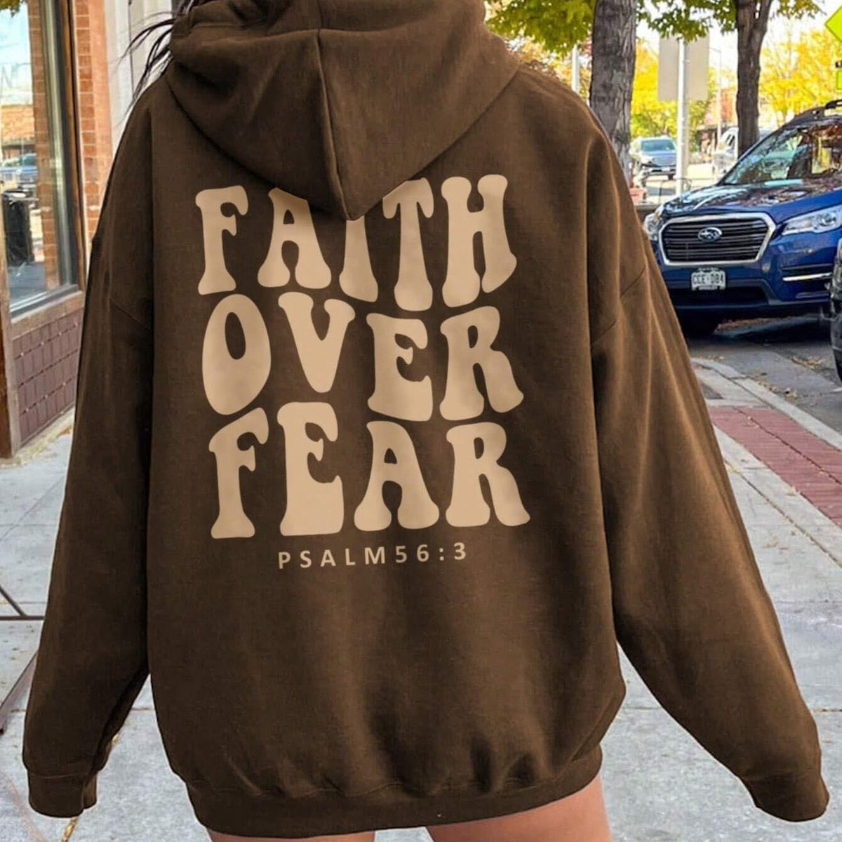 FAITH OVER FEAR Dropped Shoulder Hoodie Dark Brown
