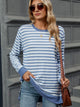 Striped Round Neck Long Sleeve T-Shirt Light Blue