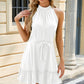 Ruched Grecian Neck Tie Waist Mini Dress