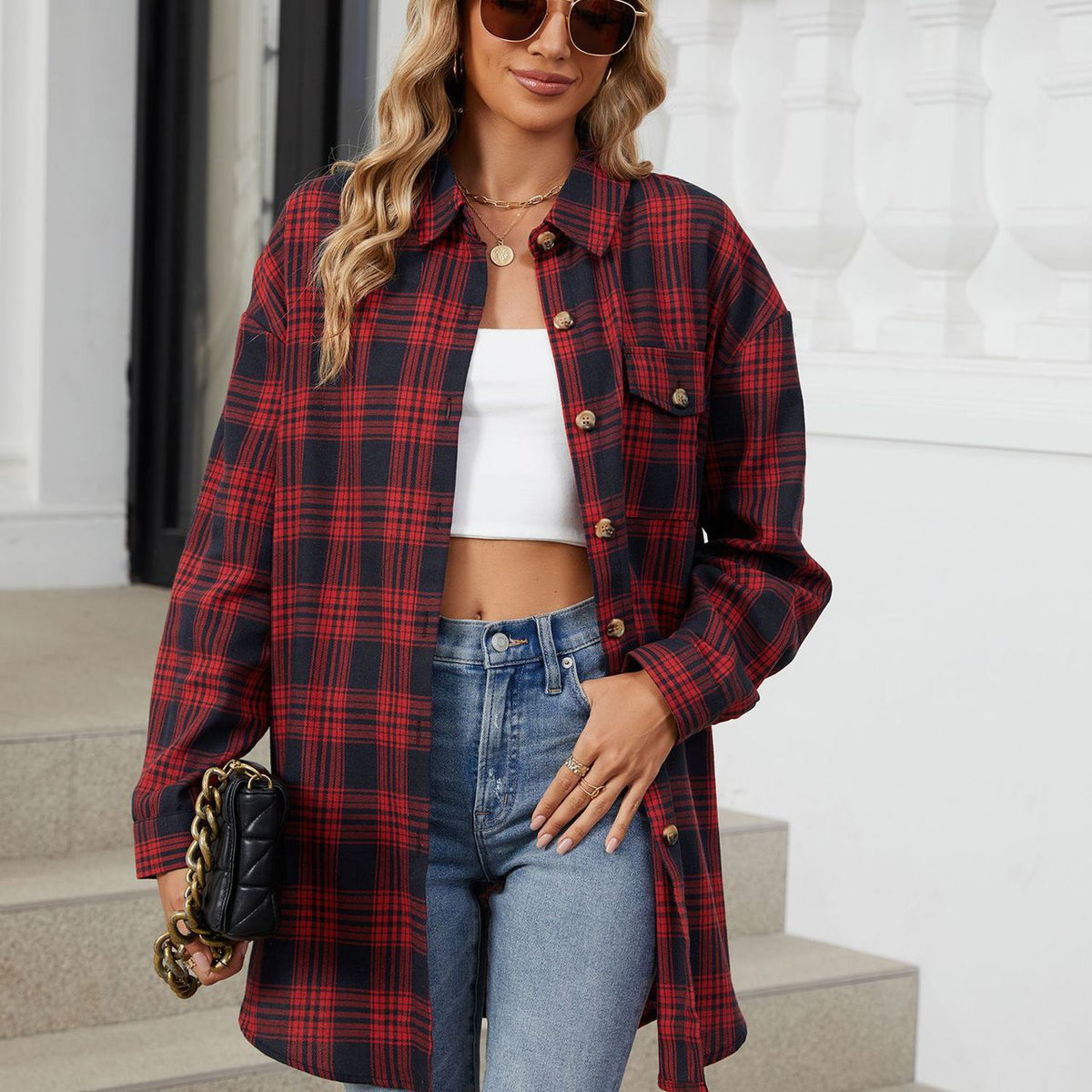 Plaid Collared Neck Long Sleeve Shirt Burgundy