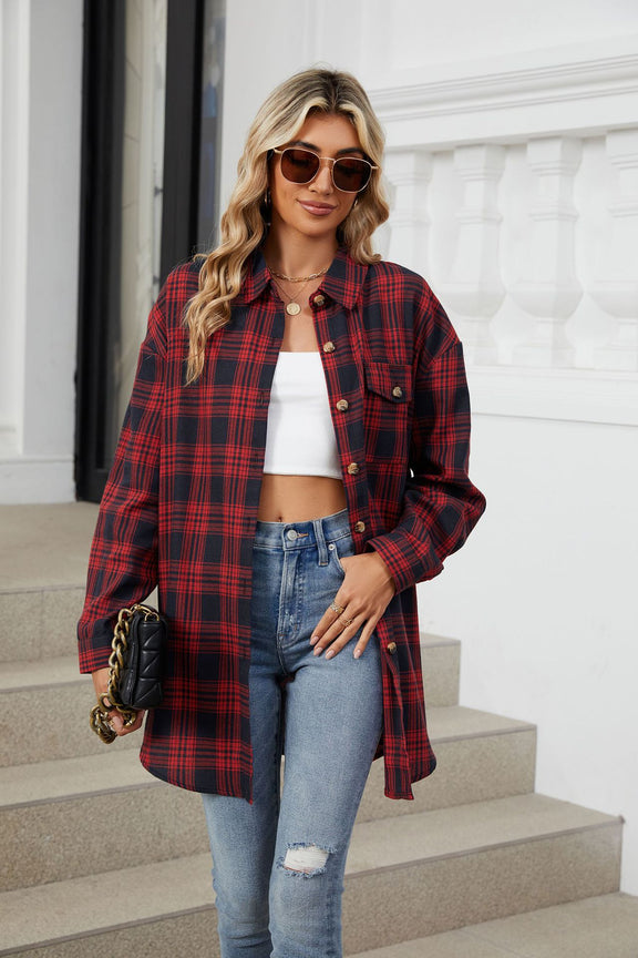 Plaid Collared Neck Long Sleeve Shirt Burgundy