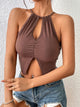 Perfee Crisscross Tie Back Slit Sleeveless Top Mocha