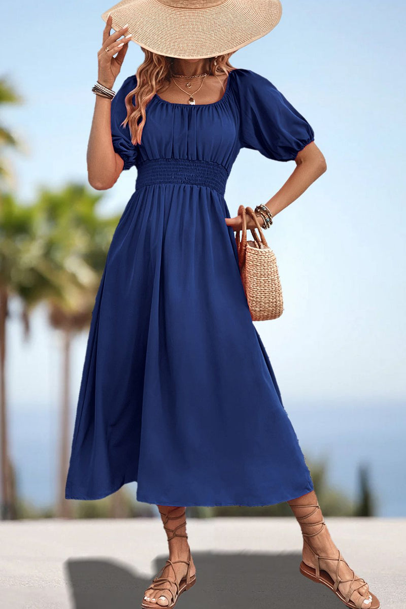 Square Neck Smocked Waist Puff Sleeve Midi Dress Dark Blue