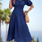 Square Neck Smocked Waist Puff Sleeve Midi Dress