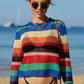 Rainbow Stripe Openwork Long Sleeve Cover-Up