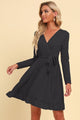 Long Sleeve Tie Waist Ruffle Hem Dress Black