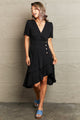 Decorative Button Surplice Ruffle Hem Dress Black