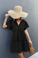 Frill Trim Smocked Tie Neck Dress Black