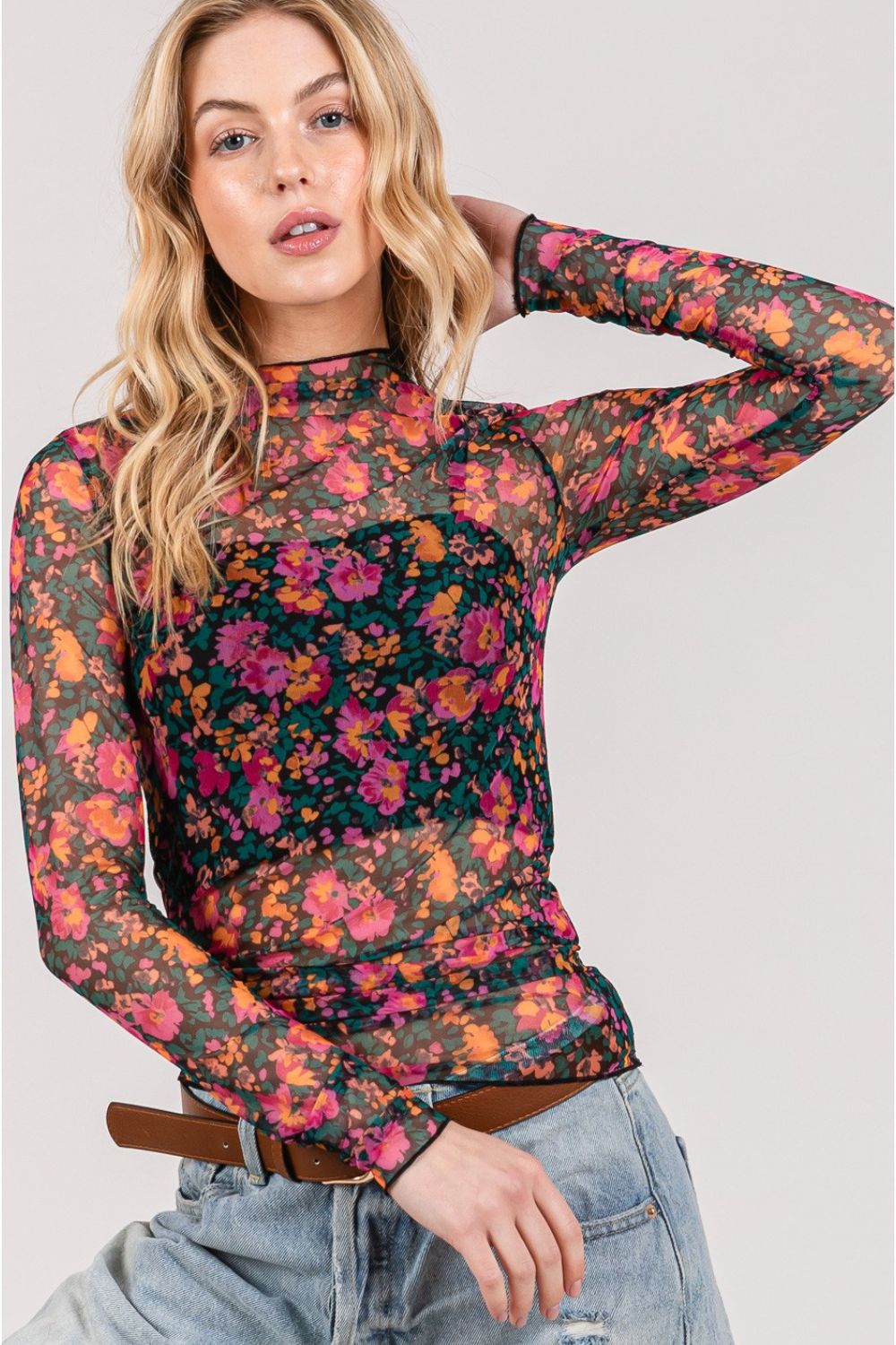 SAGE + FIG Floral Mesh Long Sleeve Top