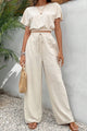 Round Neck Short Sleeve Top and Pants Set Beige