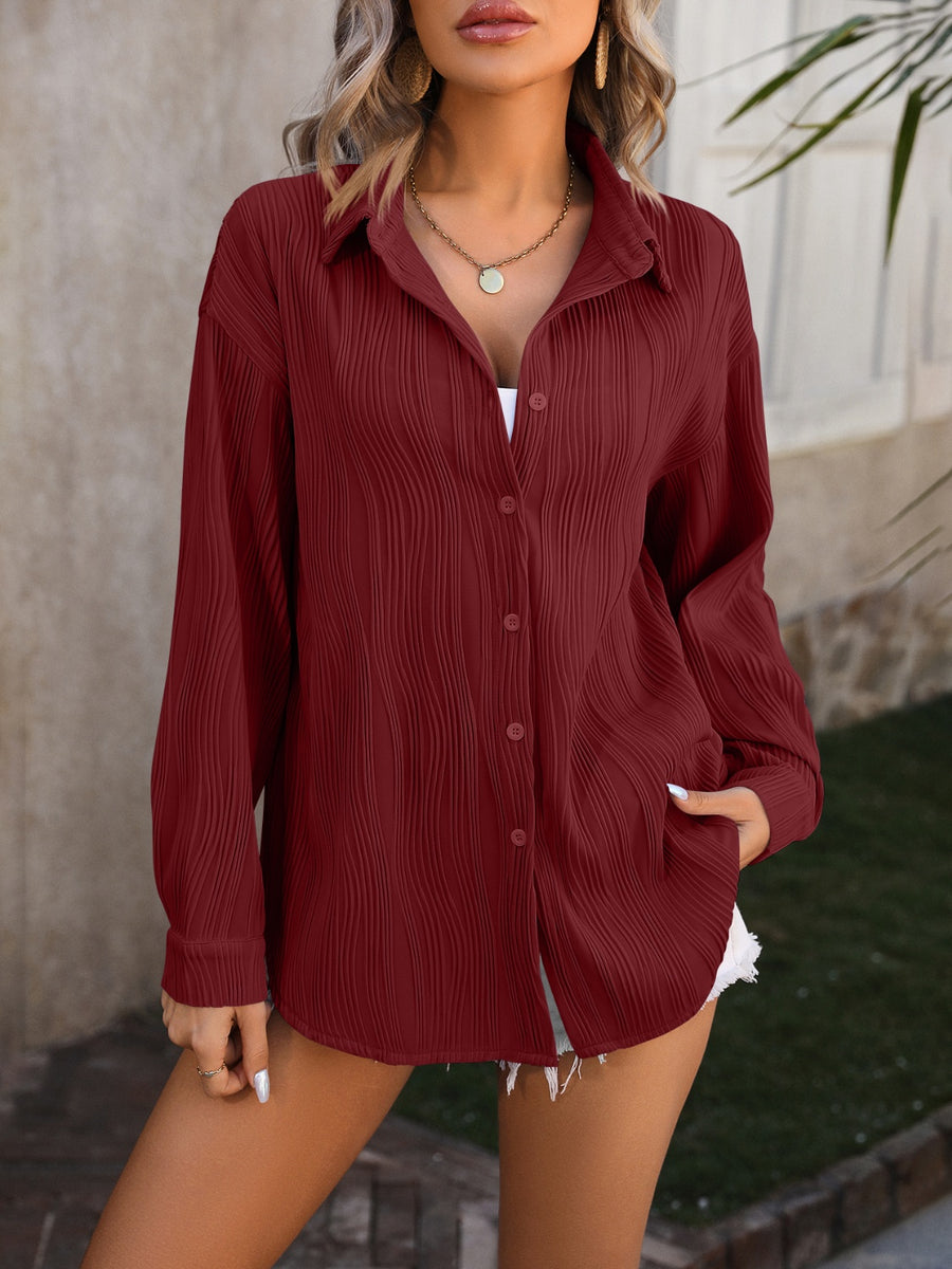Mandy Button Up Dropped Shoulder Shirt Burgundy