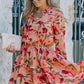 Floral Tie Neck Long Sleeve Layered Dress