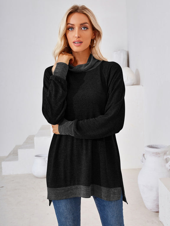 Contrast Mock Neck Long Sleeve T-Shirt Black