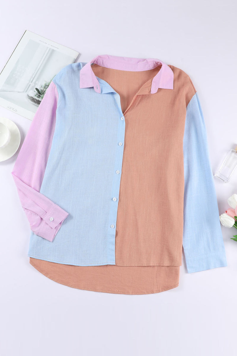 Color Block Button Up Long Sleeve Shirt