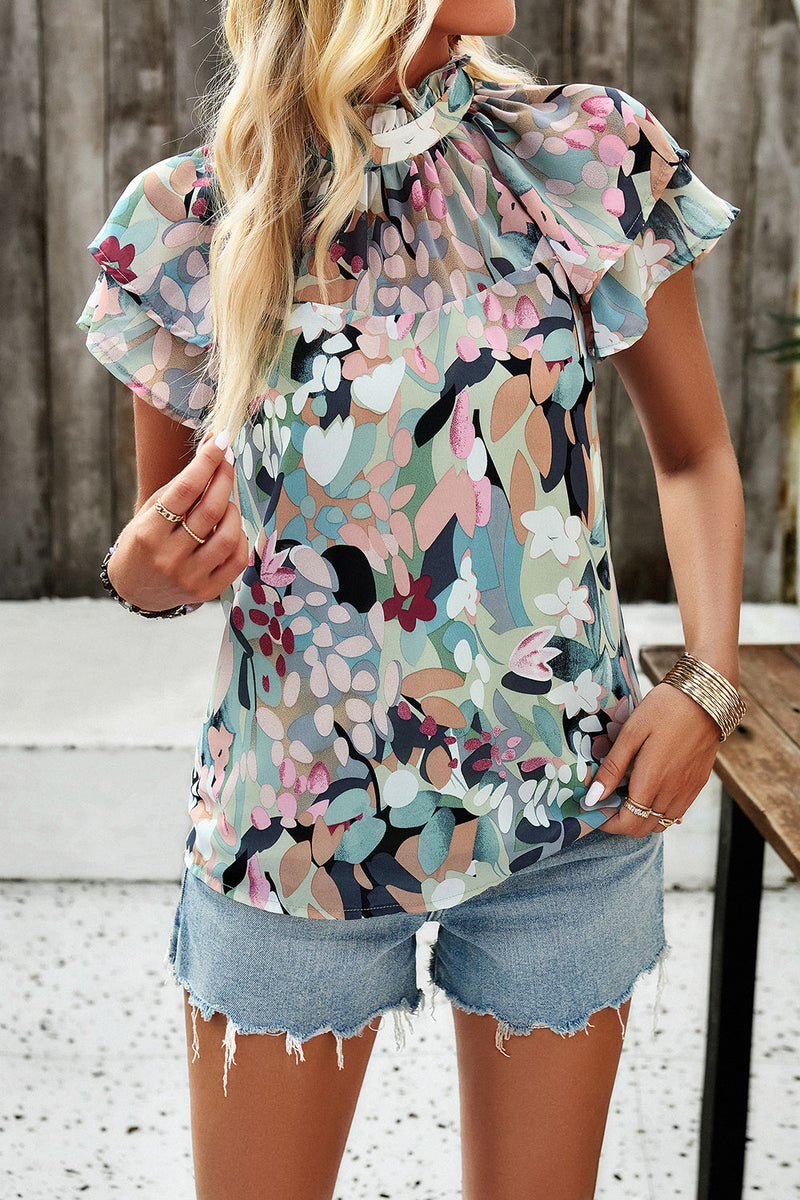 Devine Printed Ruffled Mock Neck Blouse