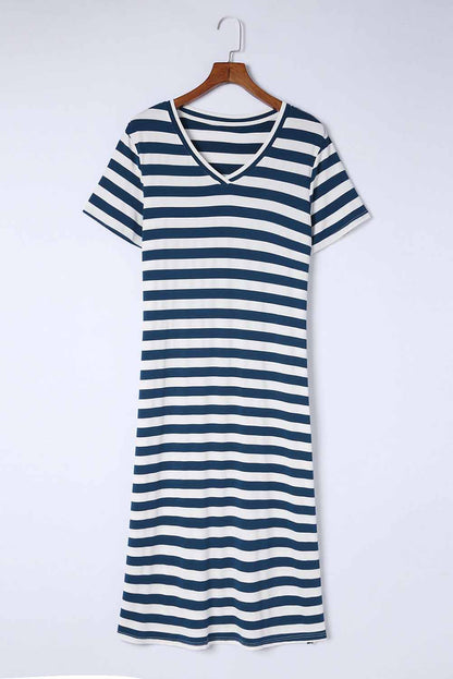 Striped V-Neck Short Sleeve Side Slit Dress Navy