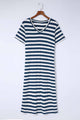 Striped V-Neck Short Sleeve Side Slit Dress Navy