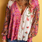 Plus Size Frill Printed V-Neck Long Sleeve Blouse