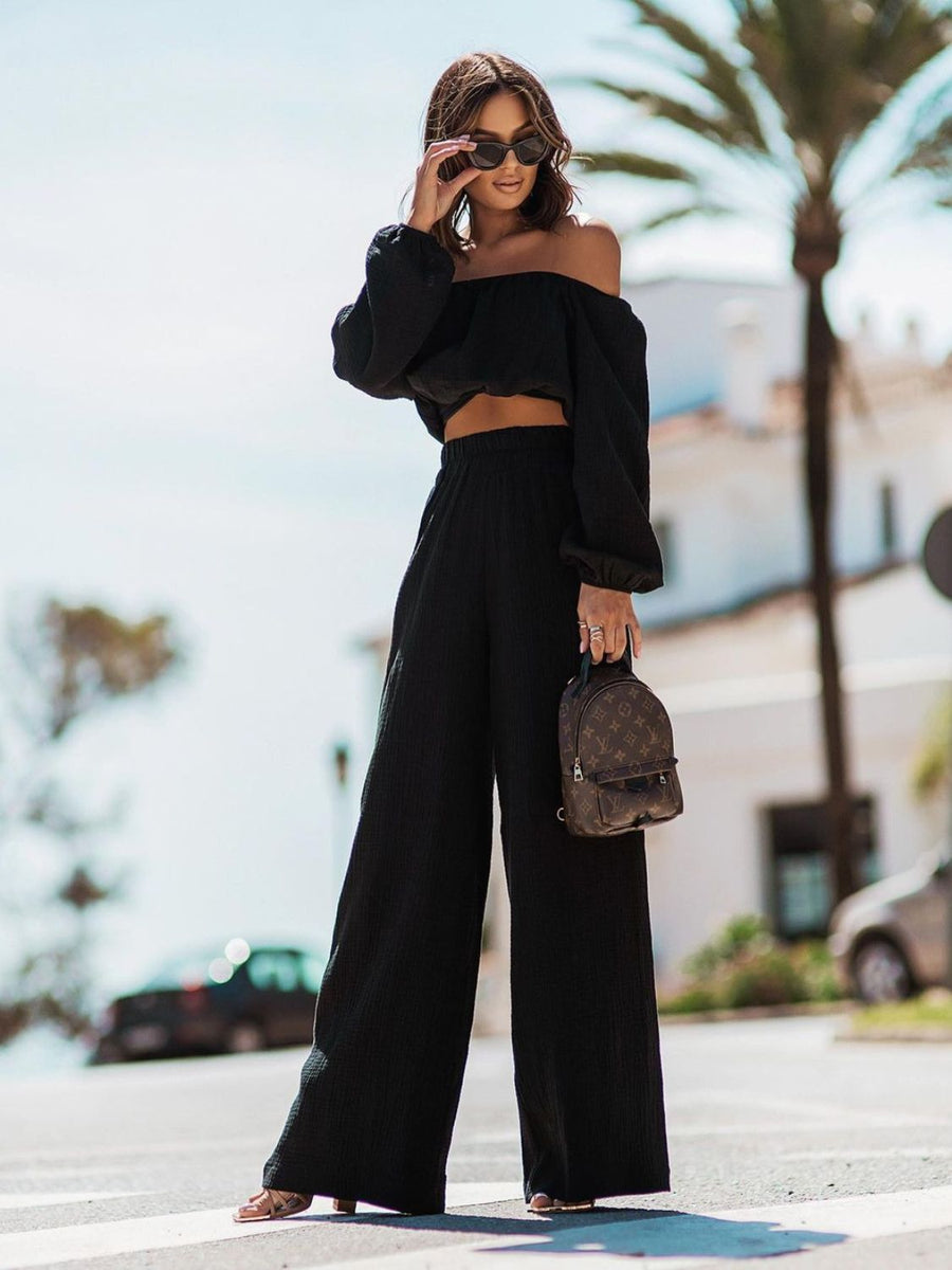 Off Shoulder Long Sleeve Top and Pants Set Black