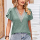 Eyelet V-Neck Petal Sleeve T-Shirt