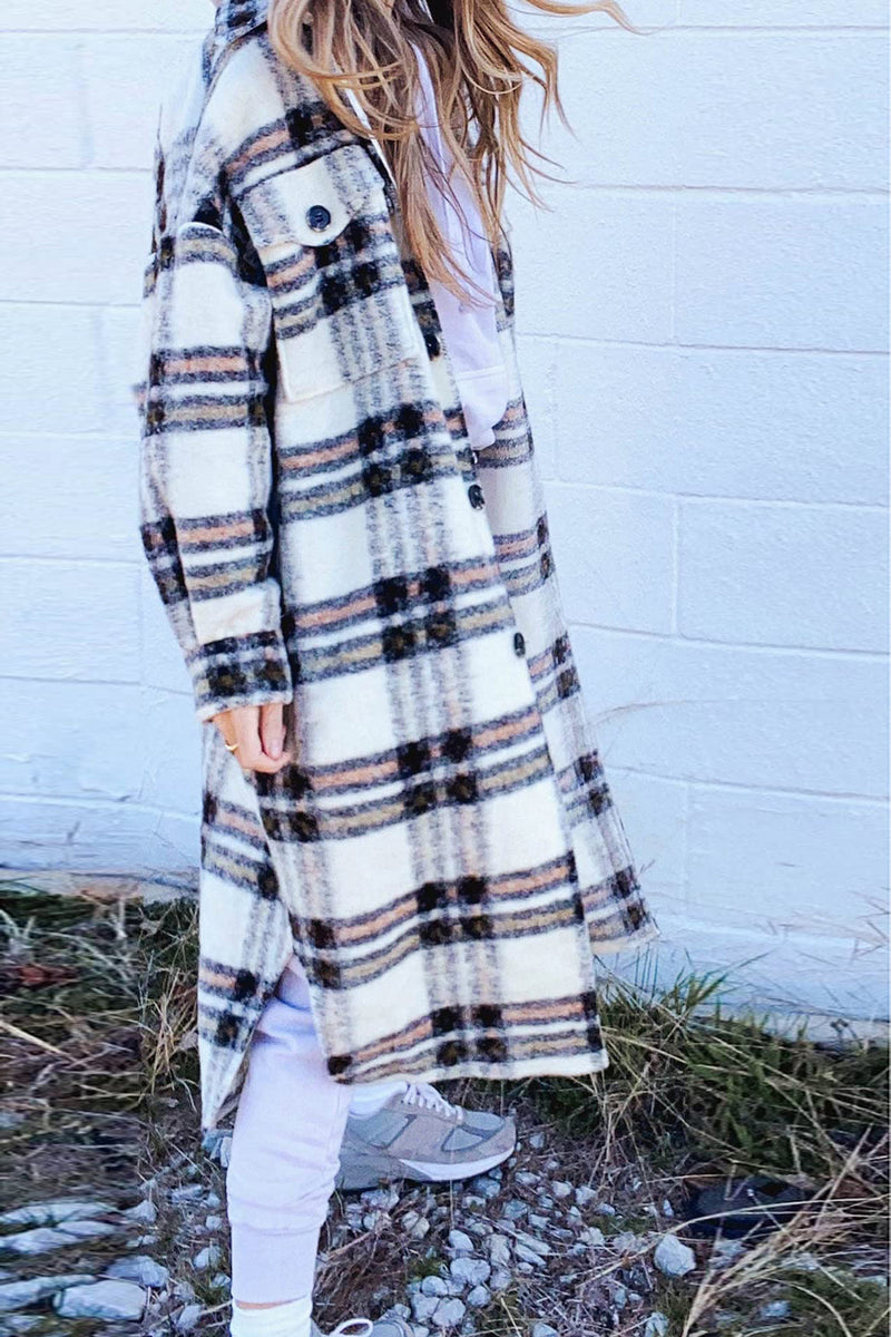 MeiMei Pocketed Plaid Long Sleeve Coat