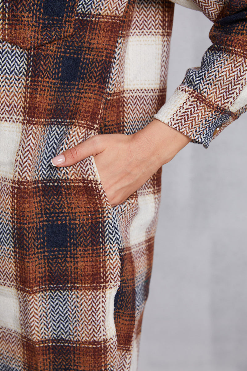 MeiMei Plaid Button Up Dropped Shoulder Coat with Pockets