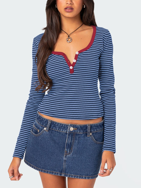 Buttoned Striped Long Sleeve T-Shirt Navy