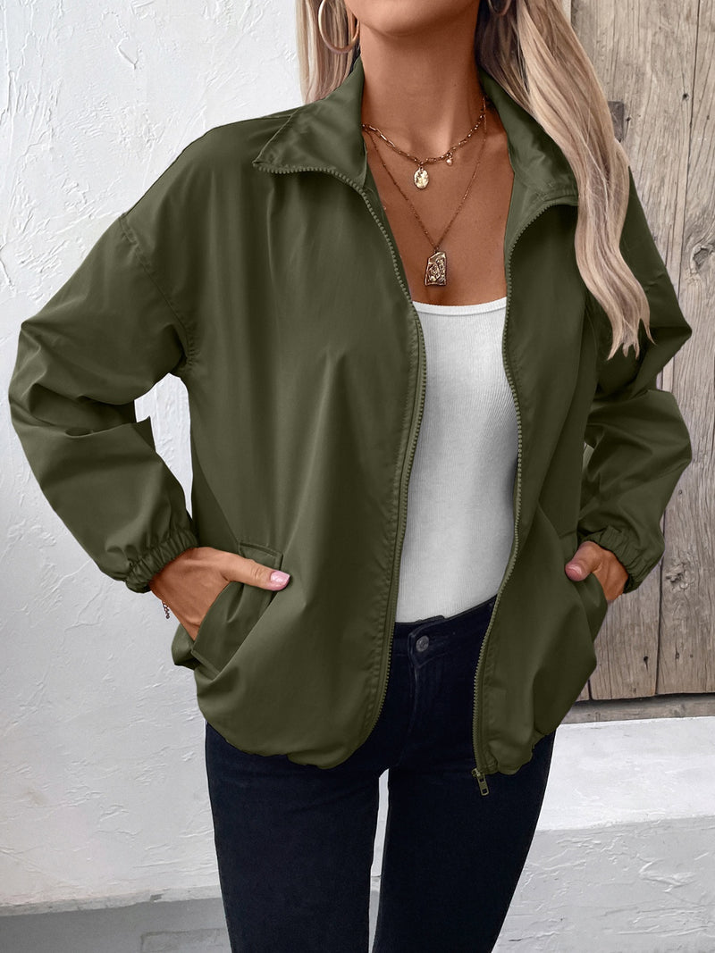 Ivy Lane Pocketed Zip Up Long Sleeve Jacket Army Green