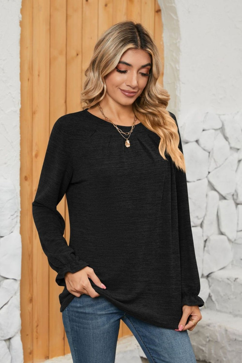 Ruched Round Neck Flounce Sleeve T-Shirt Black
