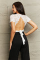 Perfee Spliced Lace Tied Open Back Bodysuit White