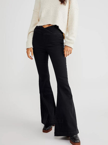 Asymmetric Waist Flare Jeans Black