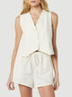 Button Up V-Neck Top and Pocketed Shorts Set White