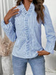 Frill Striped V-Neck Long Sleeve Blouse Light Blue