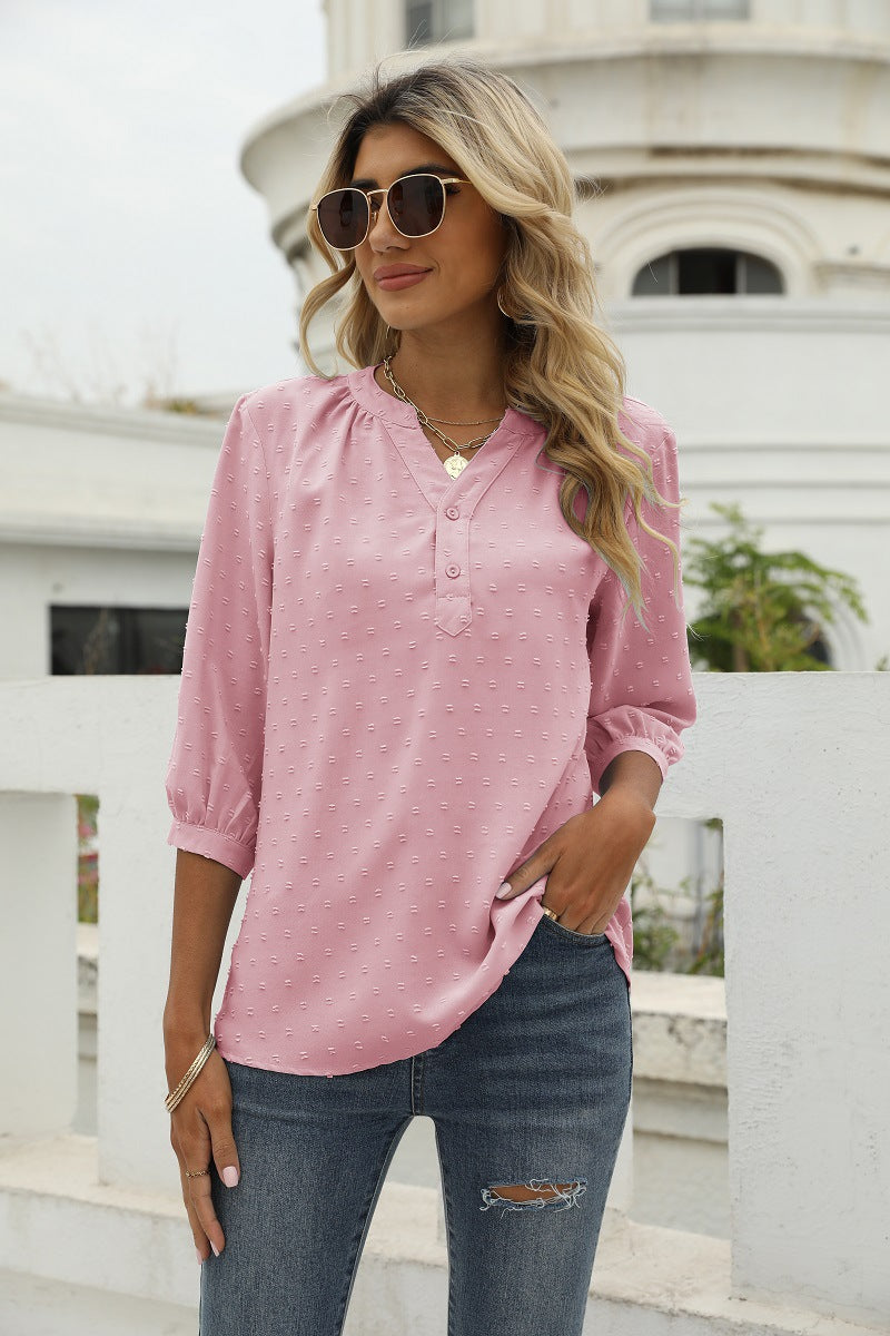 Swiss Dot Notched Neck Three-Quarter Sleeve Blouse Blush Pink