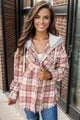 Plaid Raw Hem Drawstring Hooded Jacket Blush Pink