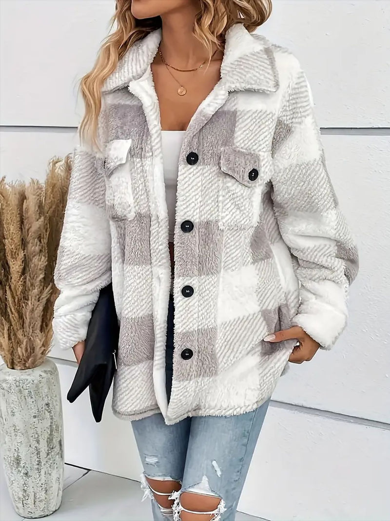 Plaid Dropped Shoulder Long Sleeve Plush Coat