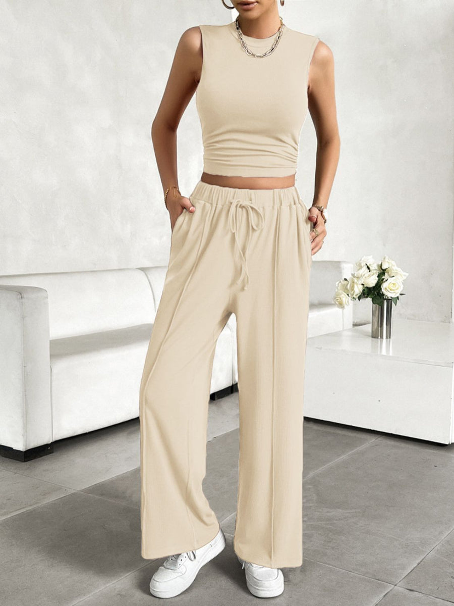 Mock Neck Sleeveless Top and Drawstring Pants Set Tan