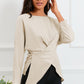 Boat Neck Back Tie Long Sleeve Satin Blouse