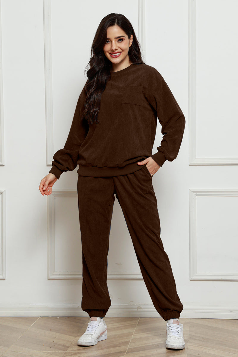 Corduroy Round Neck Sweatshirt and Sweatpants Set Chocolate