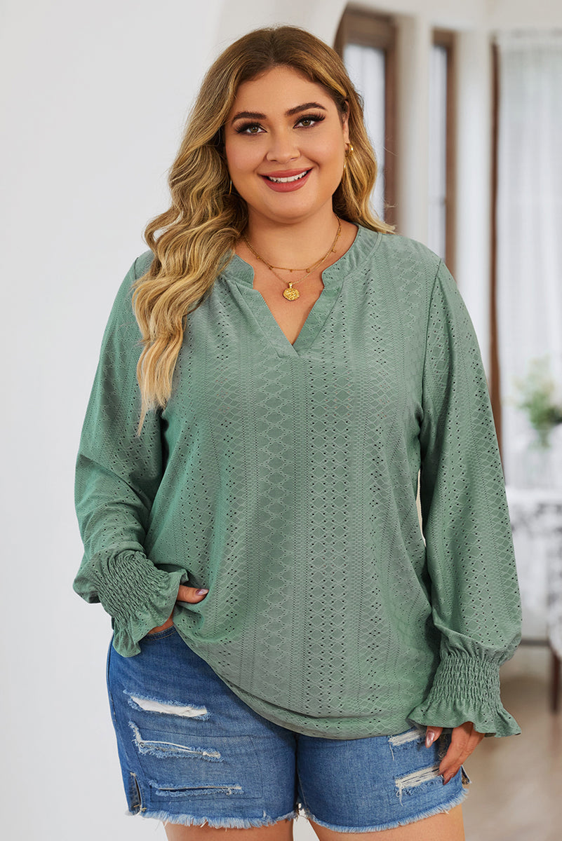 Plus Size Eyelet Notched Flounce Sleeve Blouse Sage