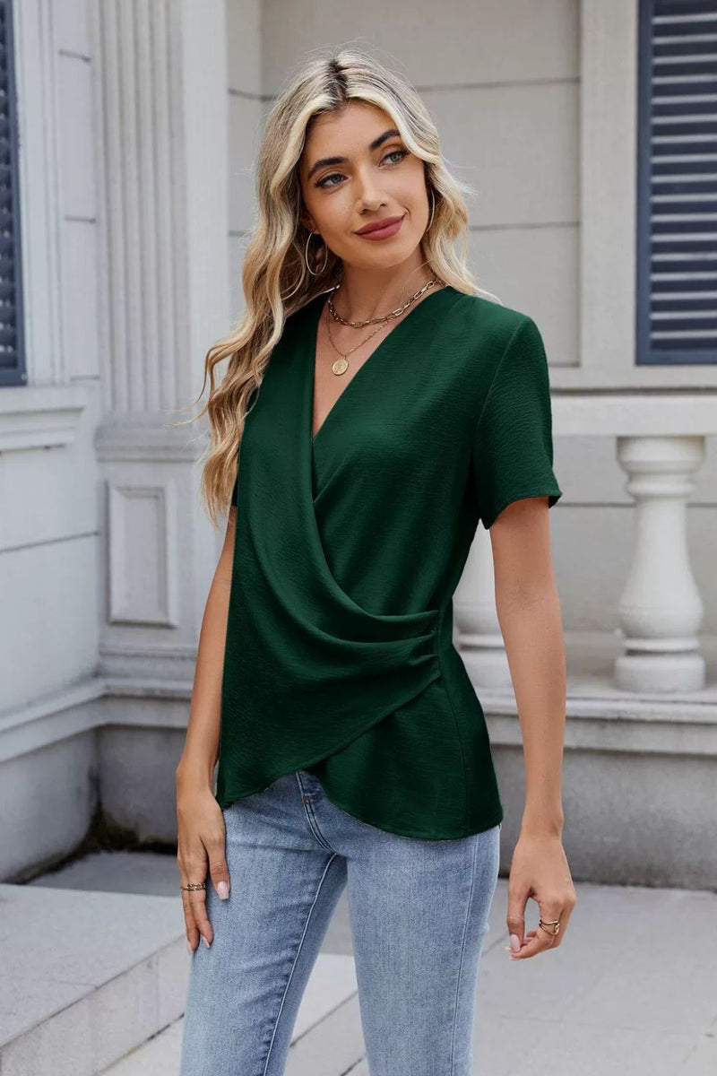 Solid Color Surplice Short Sleeve Blouse Dark Green